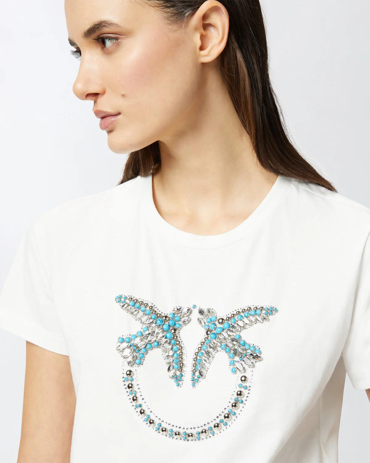 T-shirt con ricamo logo Love Birds in cristalli Pinko