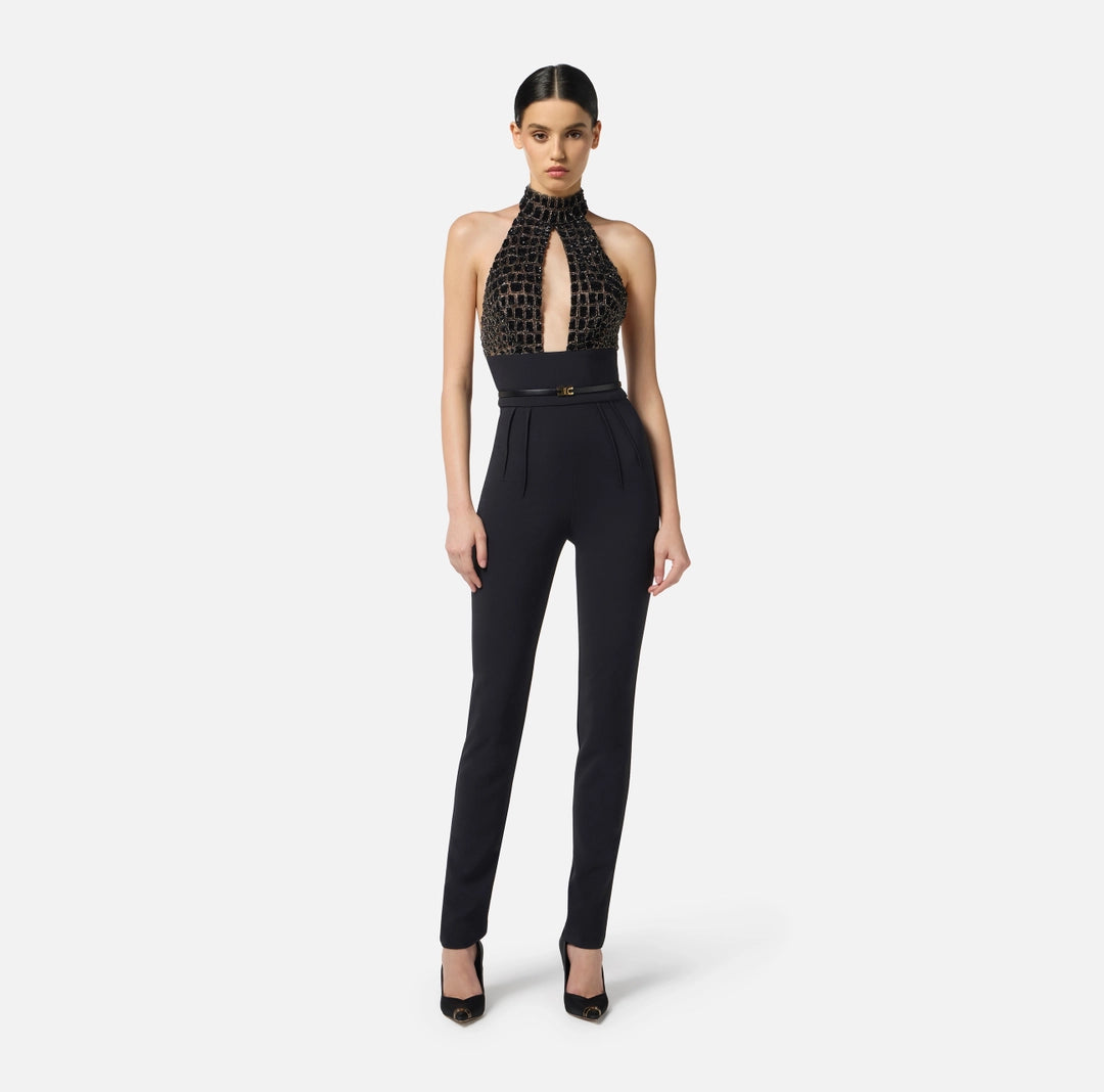 Tuta in tulle e crêpe con ricami cocco TU06257E2 Elisabetta Franchi