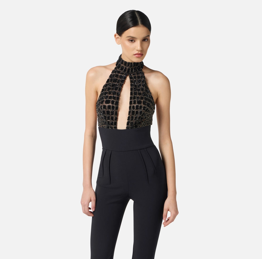 Tuta in tulle e crêpe con ricami cocco TU06257E2 Elisabetta Franchi