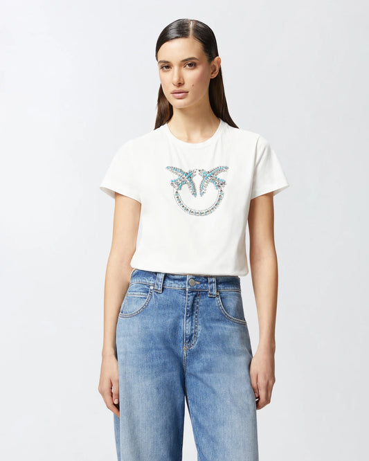 T-shirt con ricamo logo Love Birds in cristalli Pinko