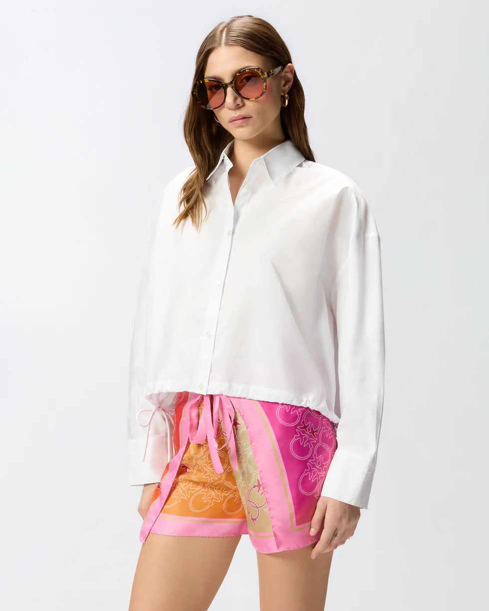 Camicia cropped in cotone a righe con logo Pinko