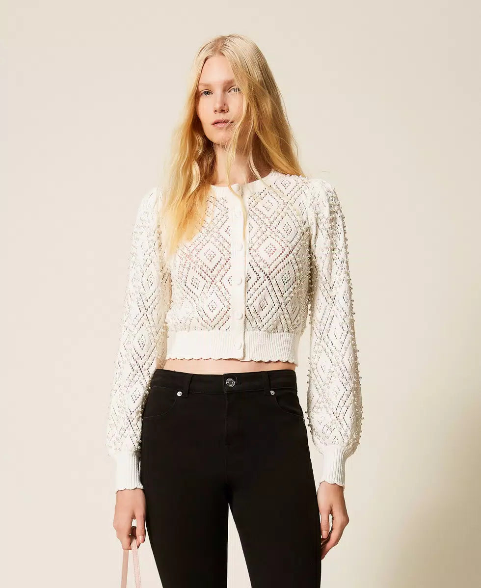 Cardigan a losanghe con perle Twinset