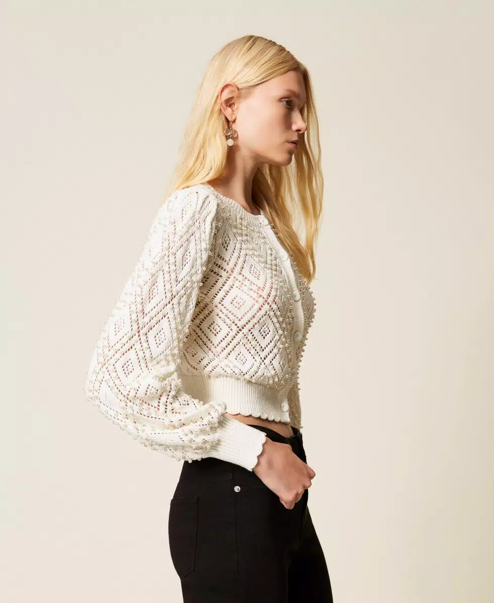 Cardigan a losanghe con perle Twinset