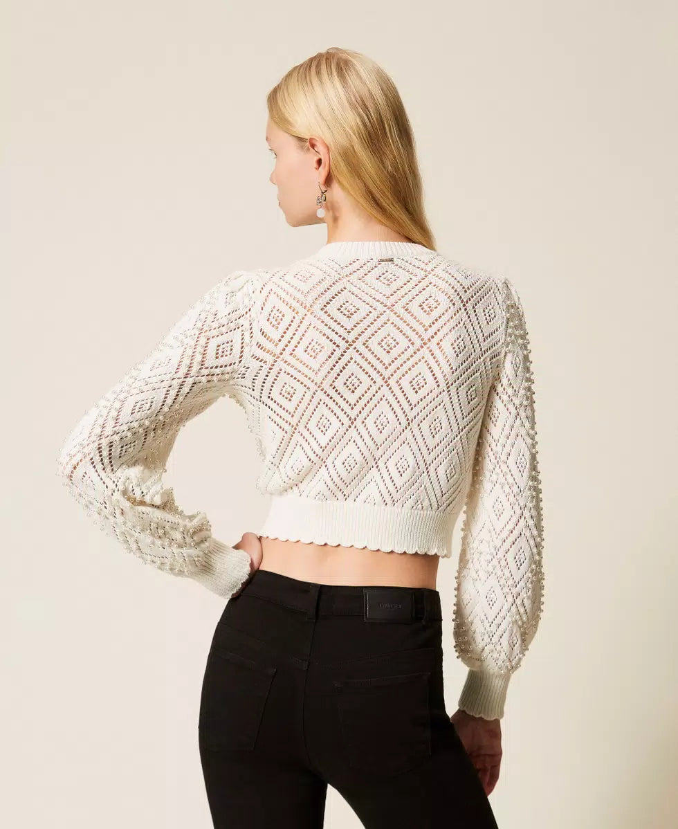 Cardigan a losanghe con perle Twinset