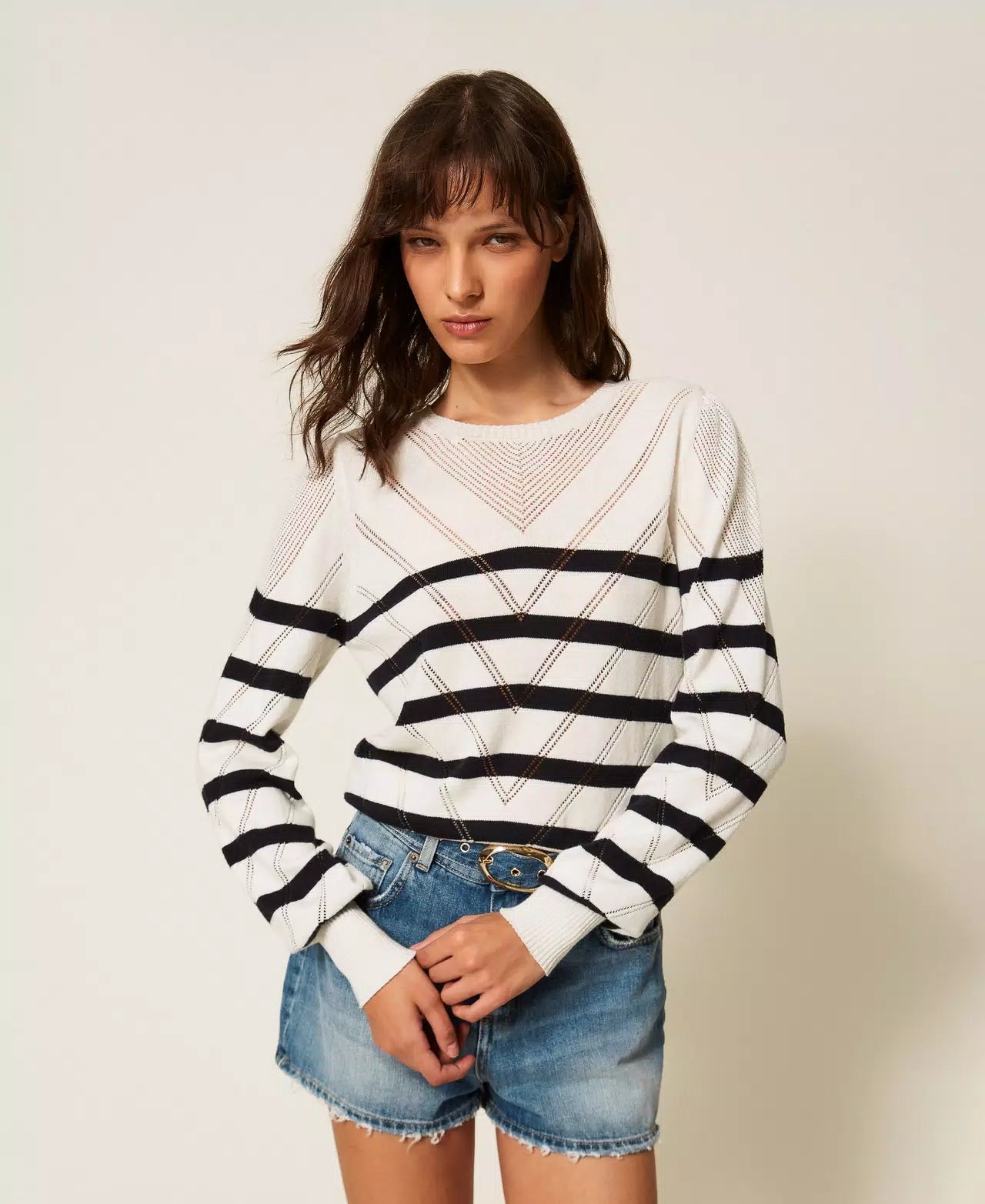 Maglia girocollo in cotone e cashmere a righe Twinset