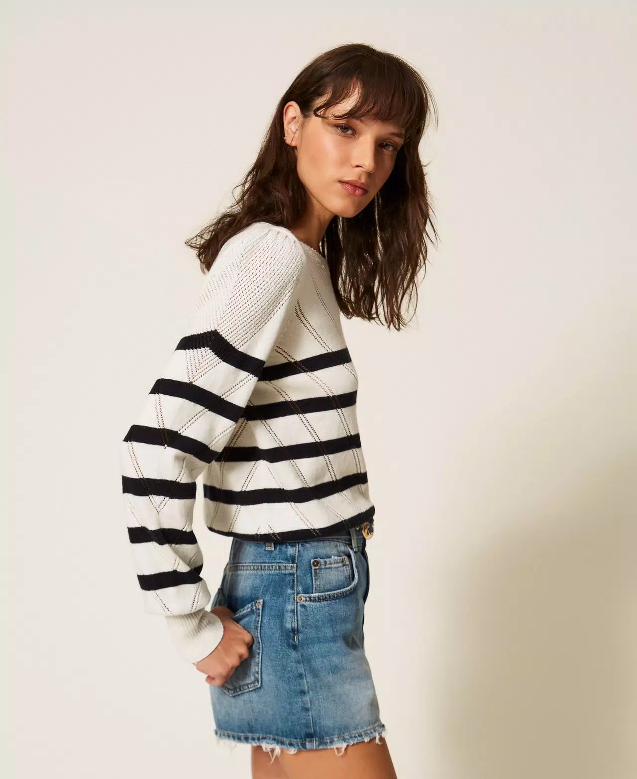 Maglia girocollo in cotone e cashmere a righe Twinset