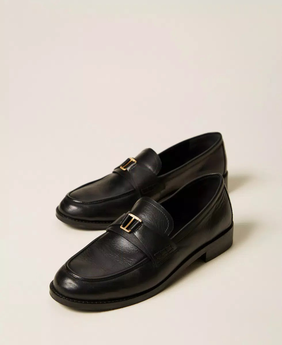 Mocassini in pelle con logo Twinset