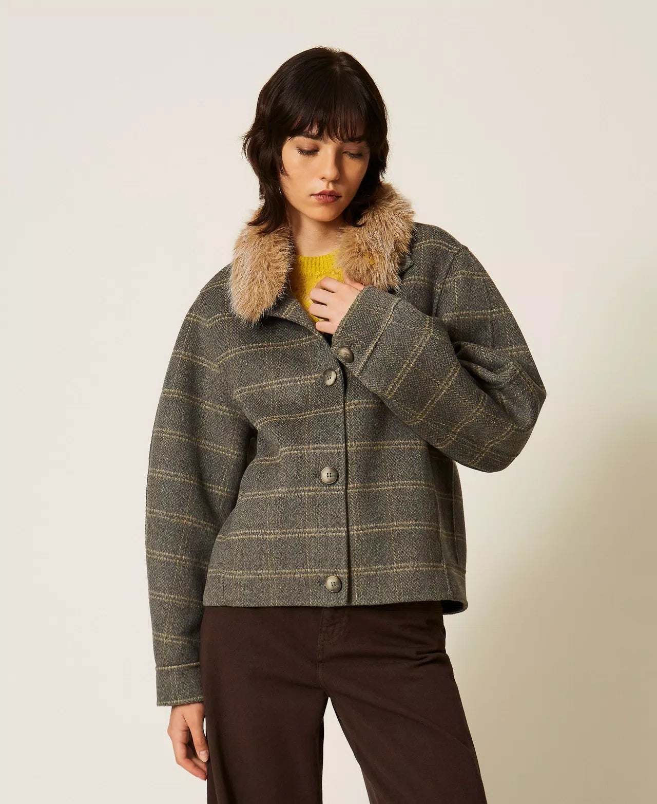 Caban in double di lana check con faux fur Twinset
