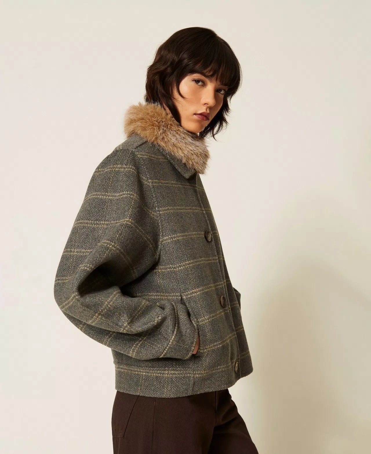 Caban in double di lana check con faux fur Twinset