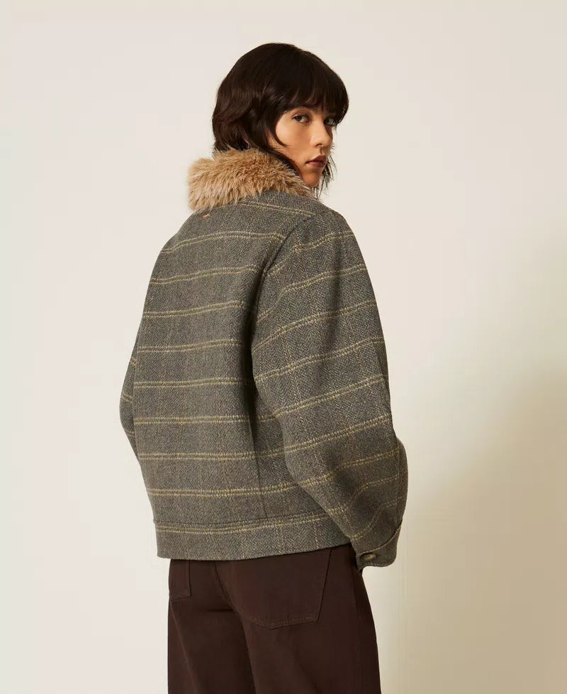 Caban in double di lana check con faux fur Twinset