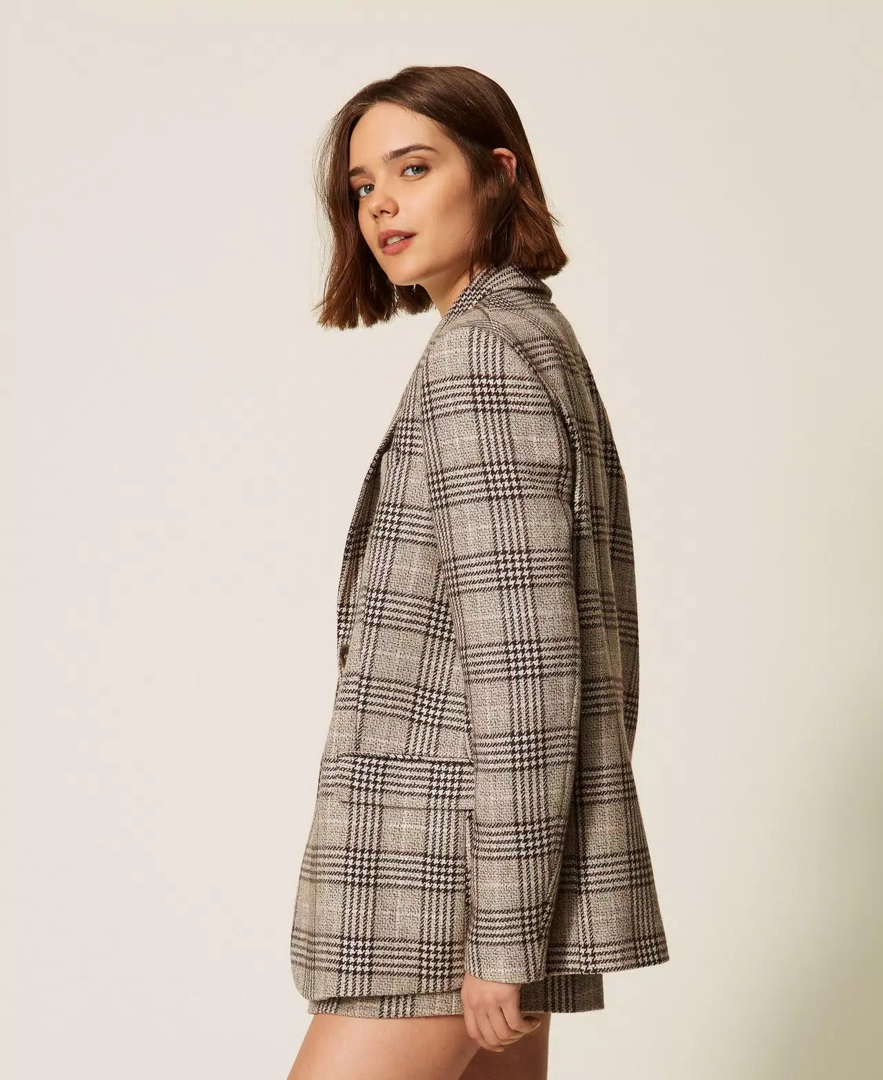 Giacca blazer in panno check con paillettes Twinset