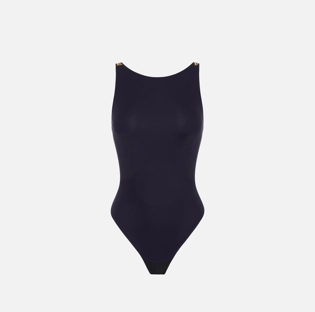 Body in jersey crêpe con loghi gioiello blu notte BO05067E2 Elisabetta Franchi