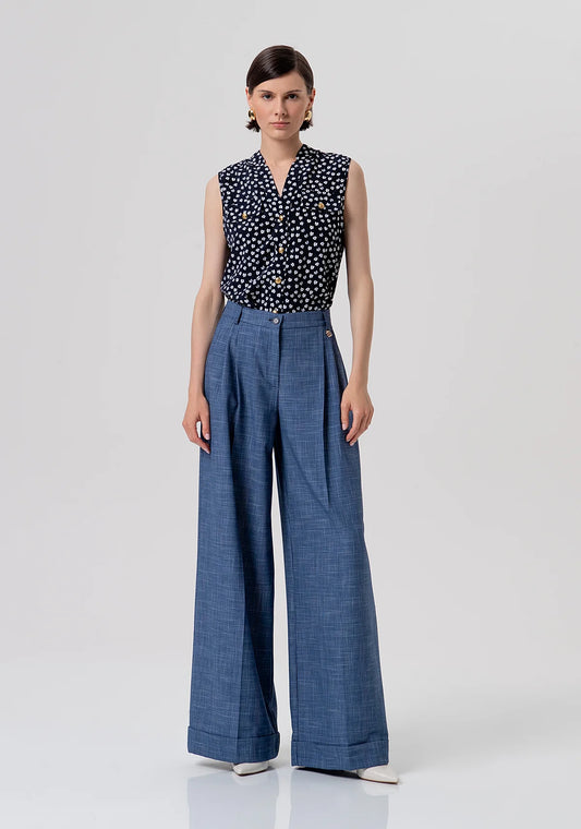 Pantalone flaire a palazzo in tessuto principe di Galles Fracomina