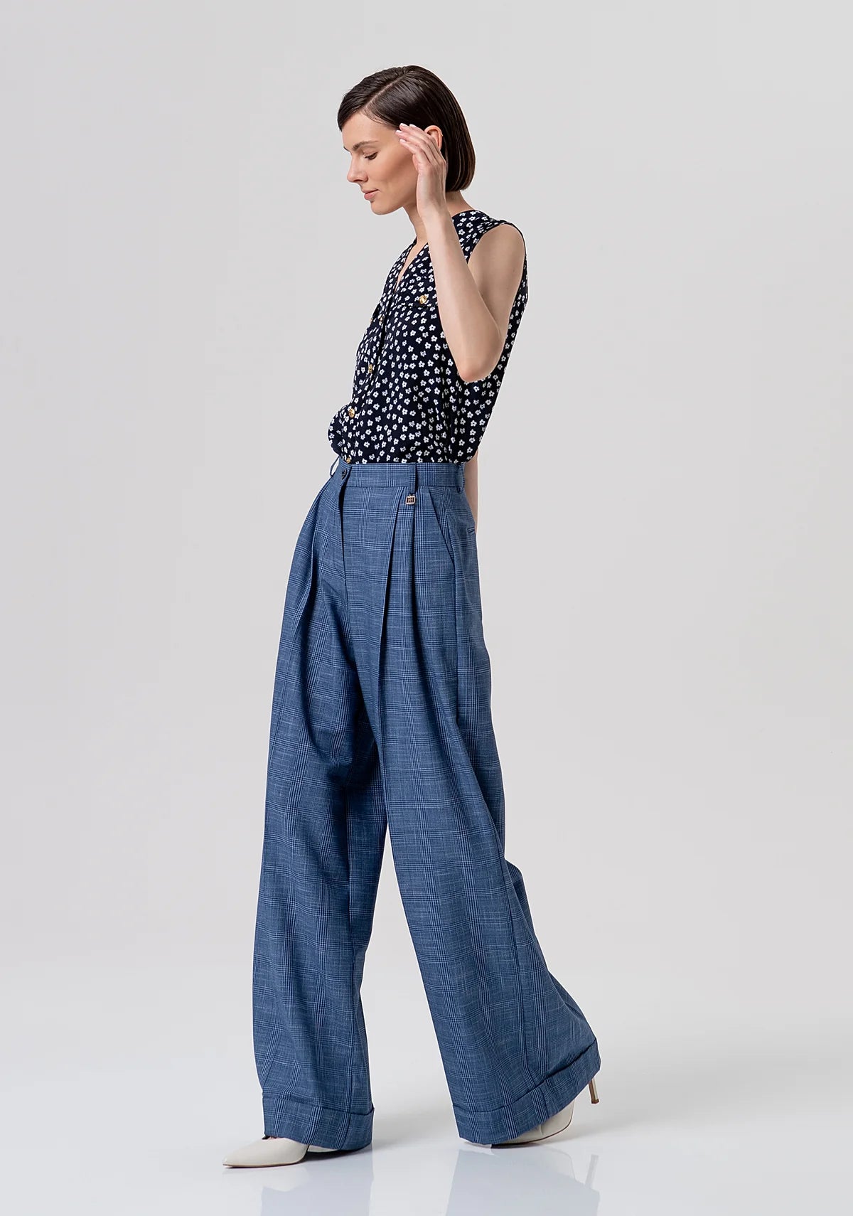 Pantalone flaire a palazzo in tessuto principe di Galles Fracomina