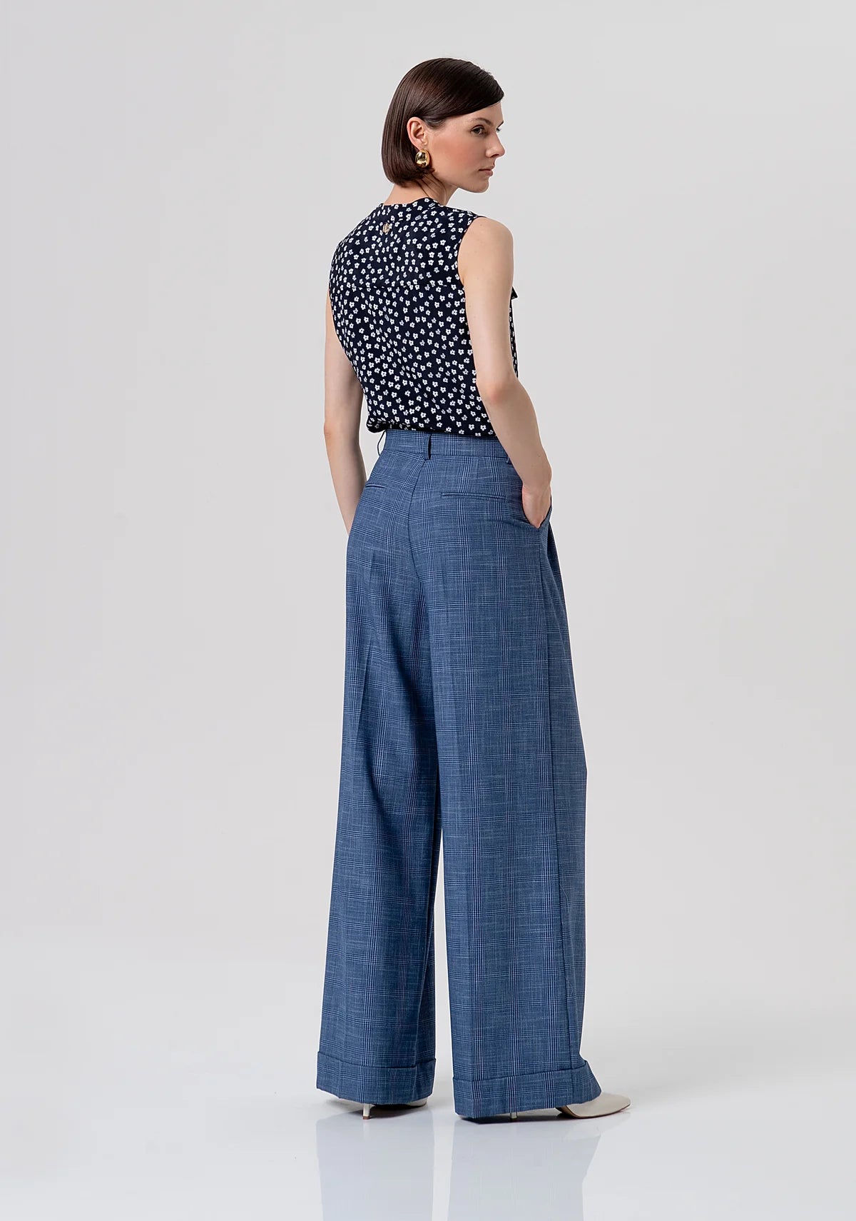 Pantalone flaire a palazzo in tessuto principe di Galles Fracomina