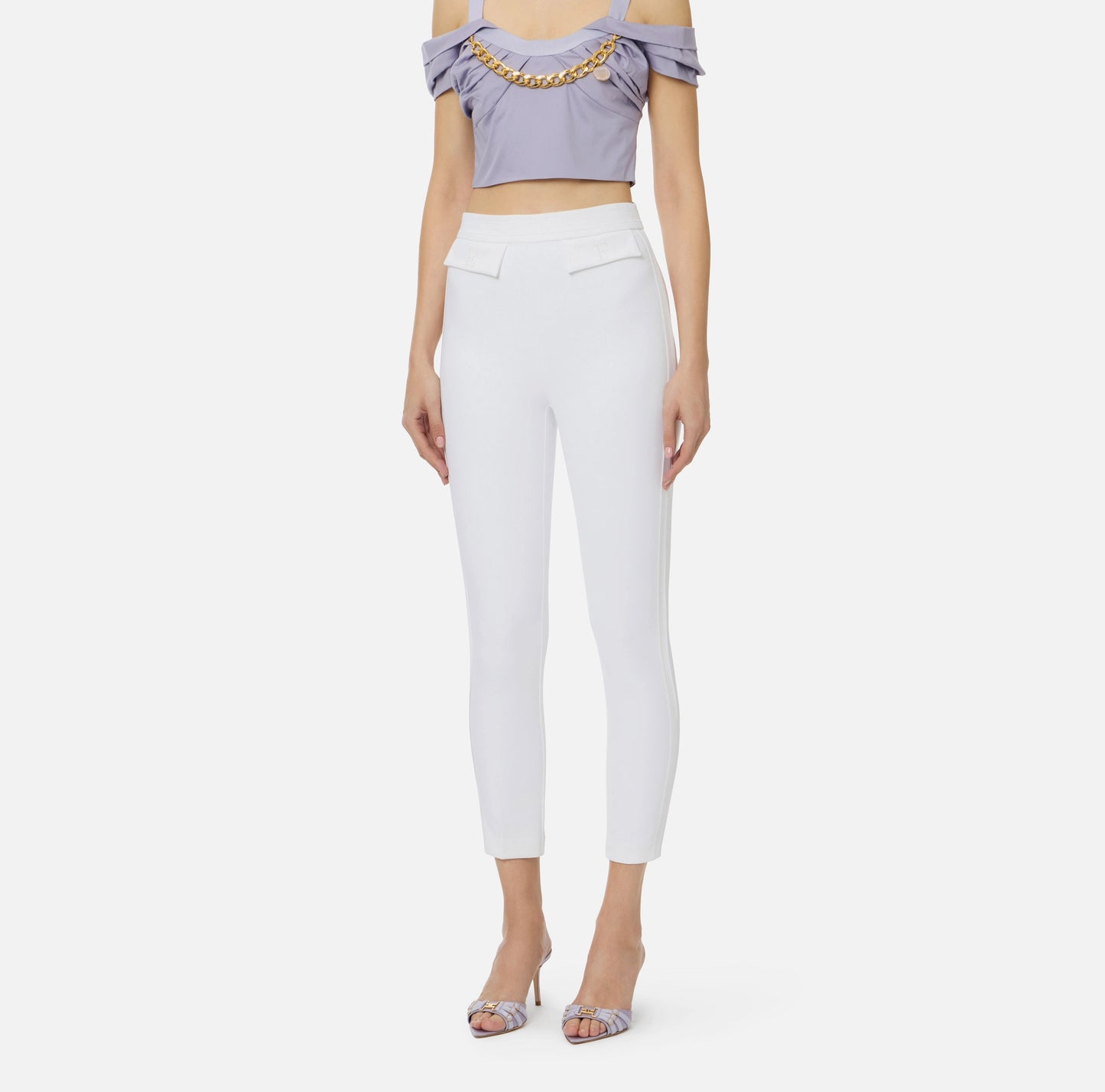 Pantaloni in doppio crêpe stretch con logo ricamato PA17061E2 Elisabetta Franchi