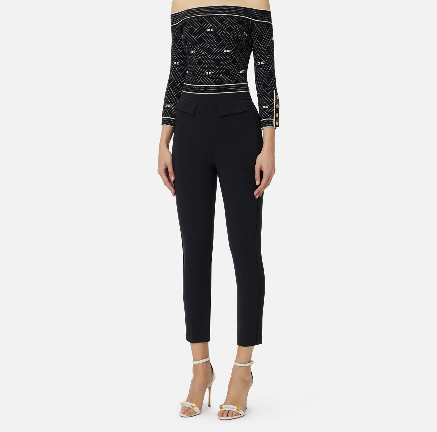 Pantaloni in doppio crêpe stretch con logo ricamato PA17061E2 Elisabetta Franchi