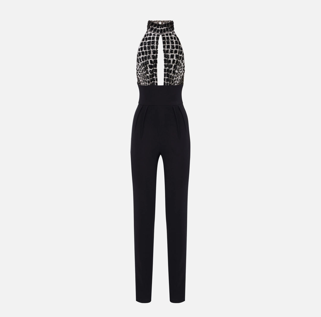 Tuta in tulle e crêpe con ricami cocco TU06257E2 Elisabetta Franchi