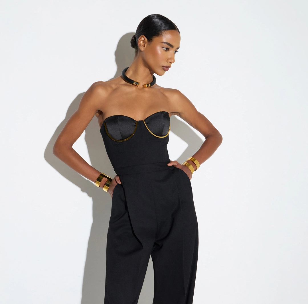 Tuta in gabardina con coppe gioiello TU07567E2 Elisabetta Franchi